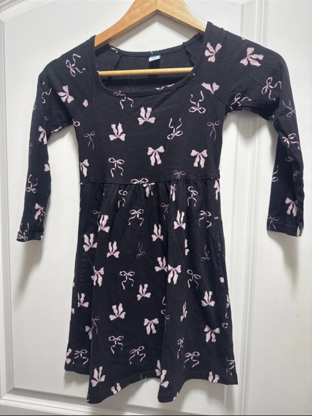 Old Navy Girls Black Dress with Pink Purple Bow Print Long Sleeve